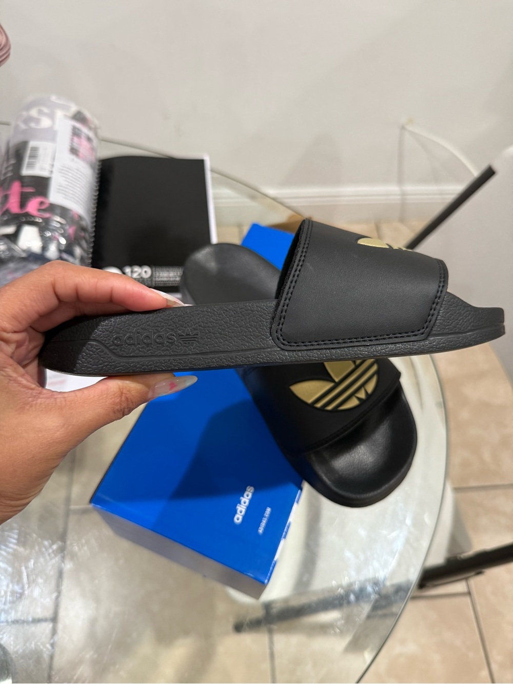 adidas Black Slides with Gold Trefoil